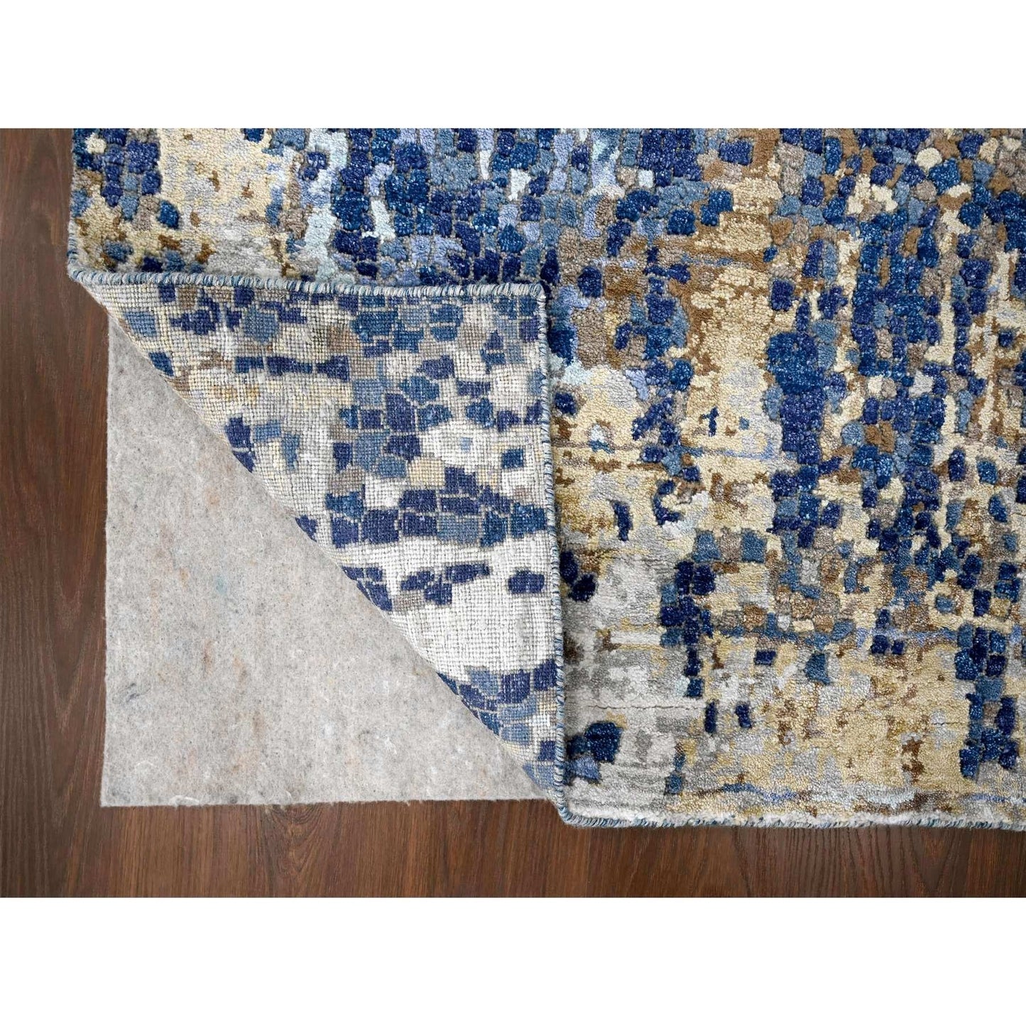 4'X6' Blue Modern Mosaic Design Wool And Silk Hand Knotted Rug