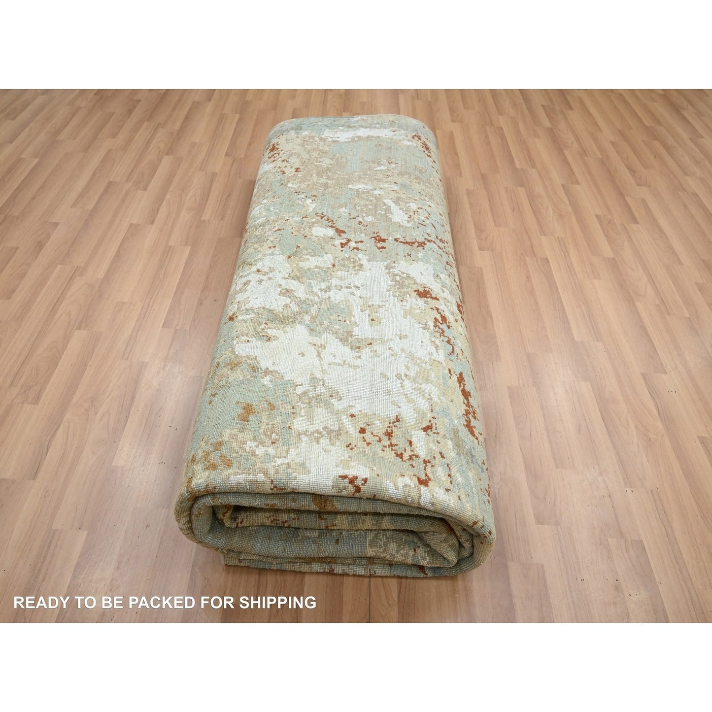 9'X12'3" Green With Beige Abstract Design Pure Wool Hand Knotted Rug