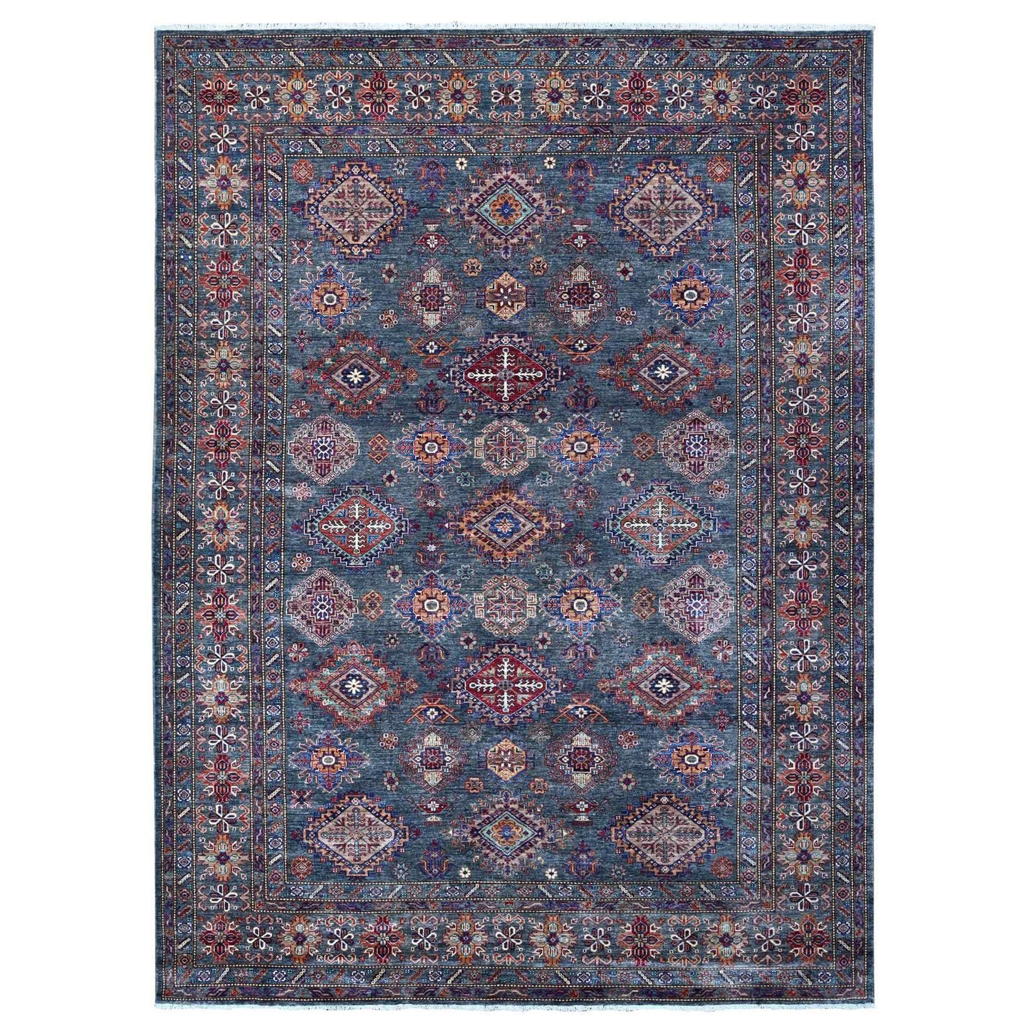 9'X12'1" Gray Wool Hand Knotted Super Kazak Tribal Pattern Oriental Rug