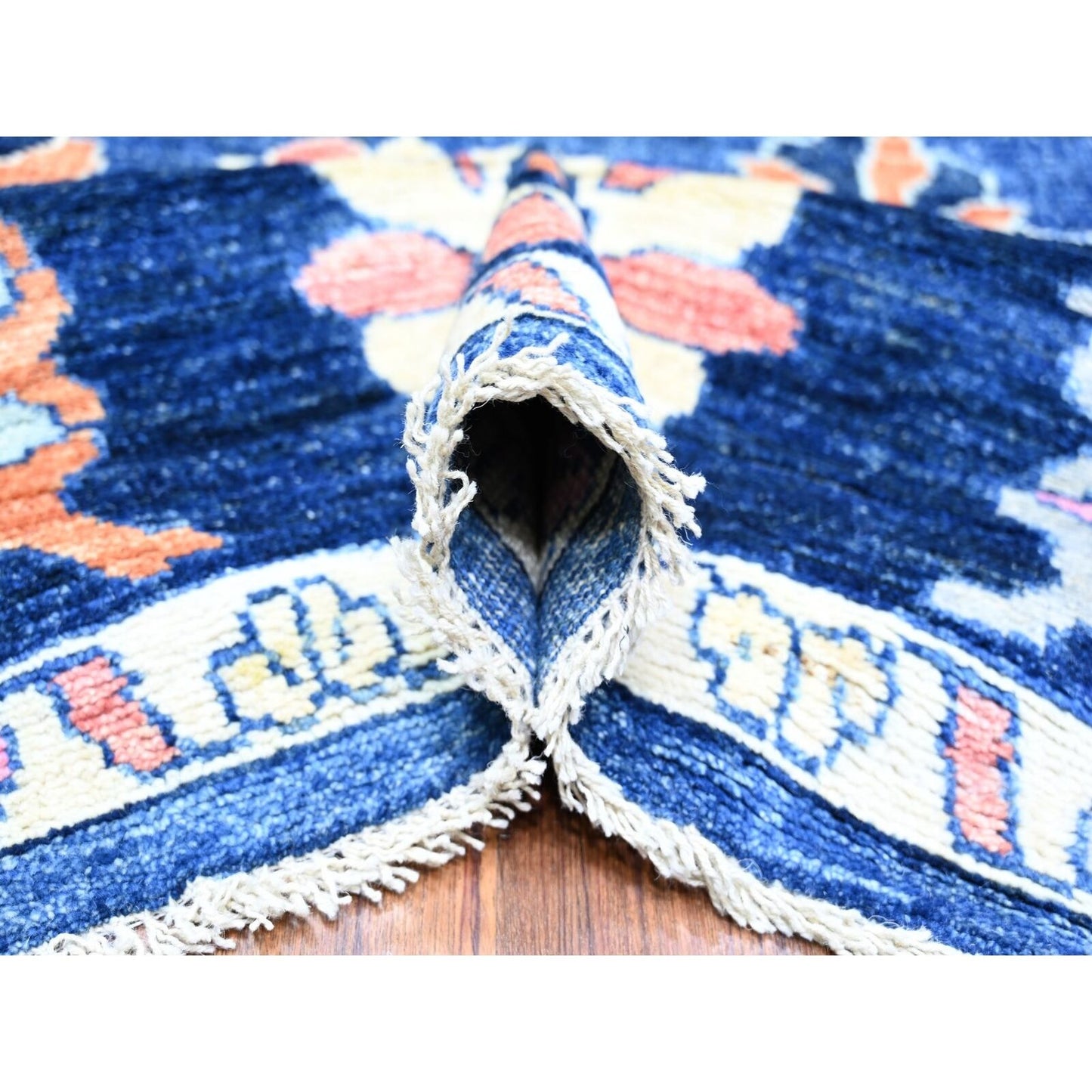 9'X11'7" Sapphire Blue Hand Knotted Afghan Angora Oushak Soft Wool Rug