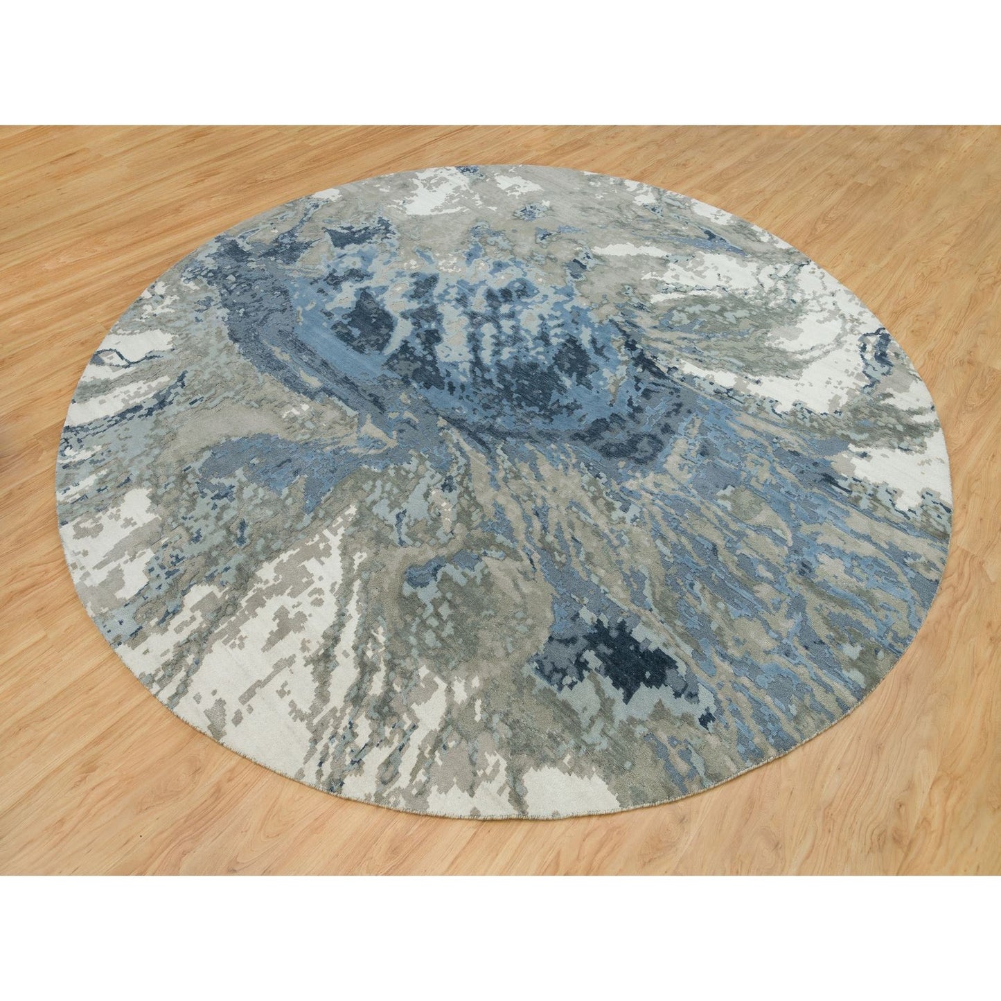 12'X12' Steel Blue Abstract Galaxy Wool And Silk Hand Knotted Round Rug