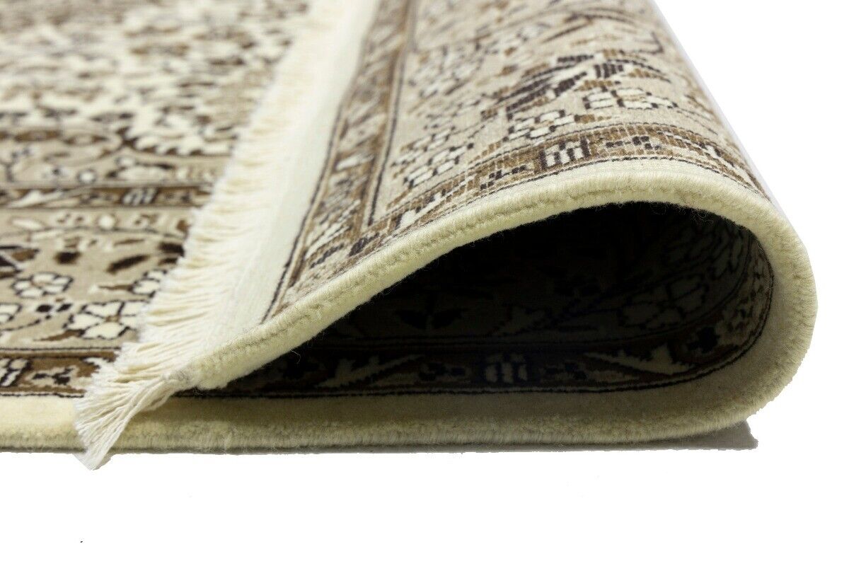 Hand-Knotted Kirman Square Rug Cream Floral Wool