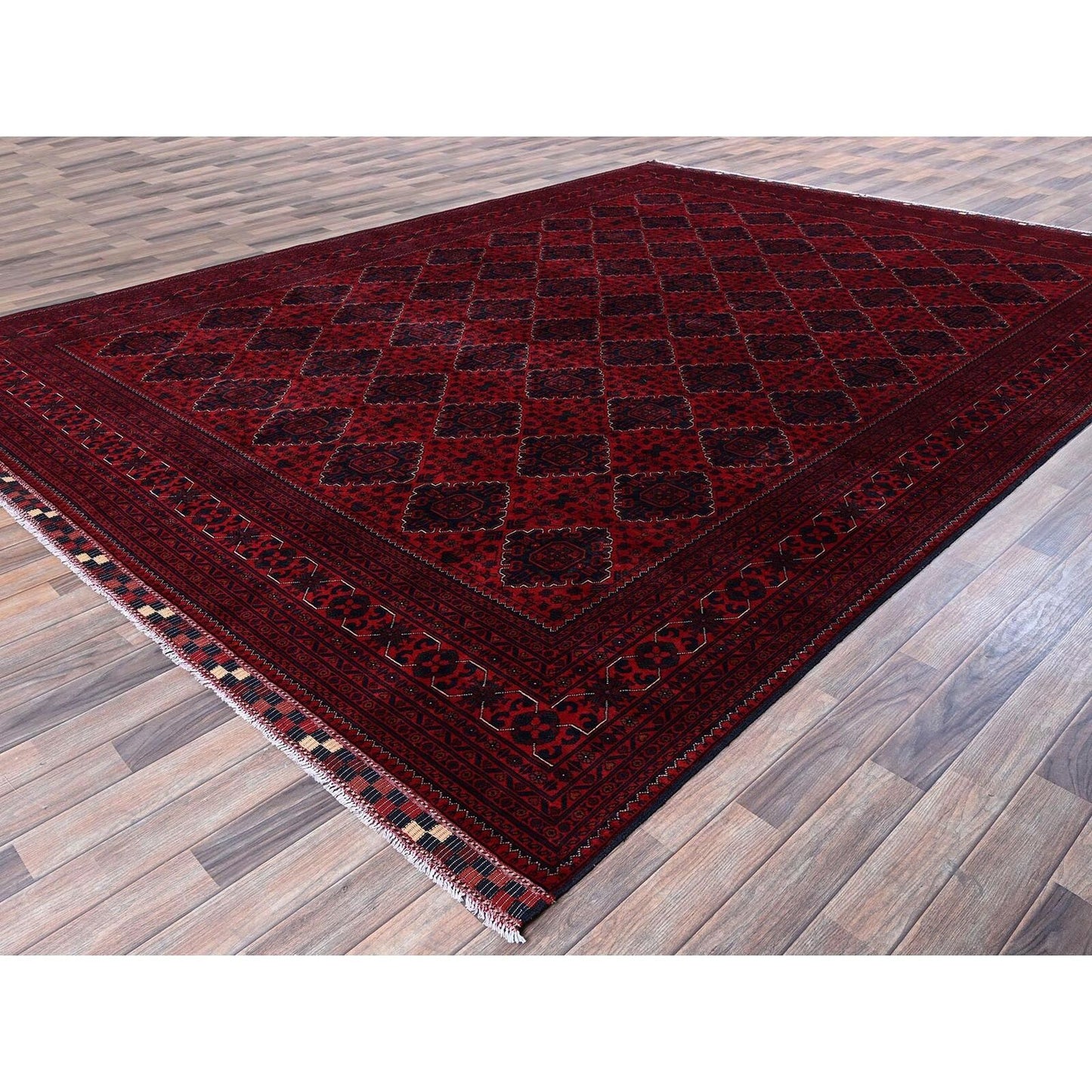 9'10"X12'9" Red Afghan Khamyab Geometric Pattern Hand Knotted Soft Wool Rug
