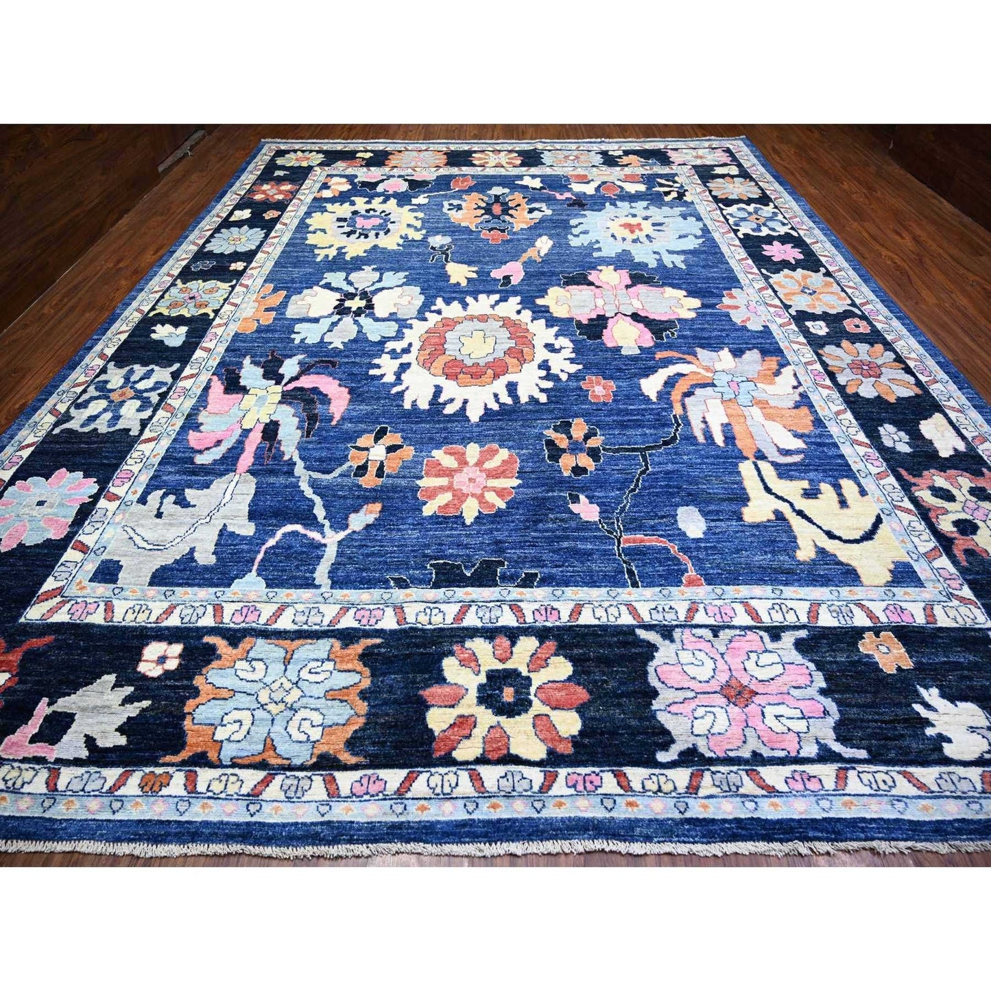 12'X15'2" Blue Pure Wool Hand Knotted Afghan Angora Oushak Oversized Rug