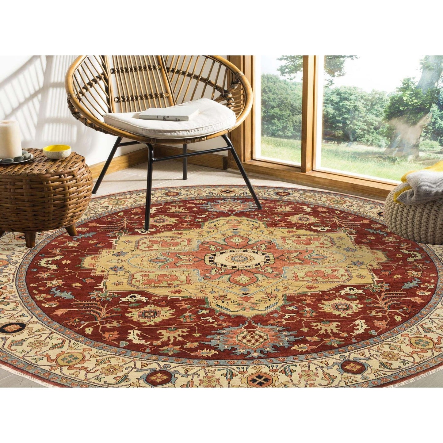 10'X10' Red Hand Spun Wool Hand Knotted Antiqued Fine Heris Round Rug