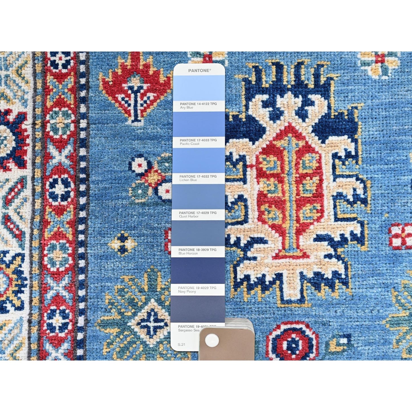 3'2"X16'1" Blue Kazak With Medallions Design Hand Knotted Wool Runner Rug