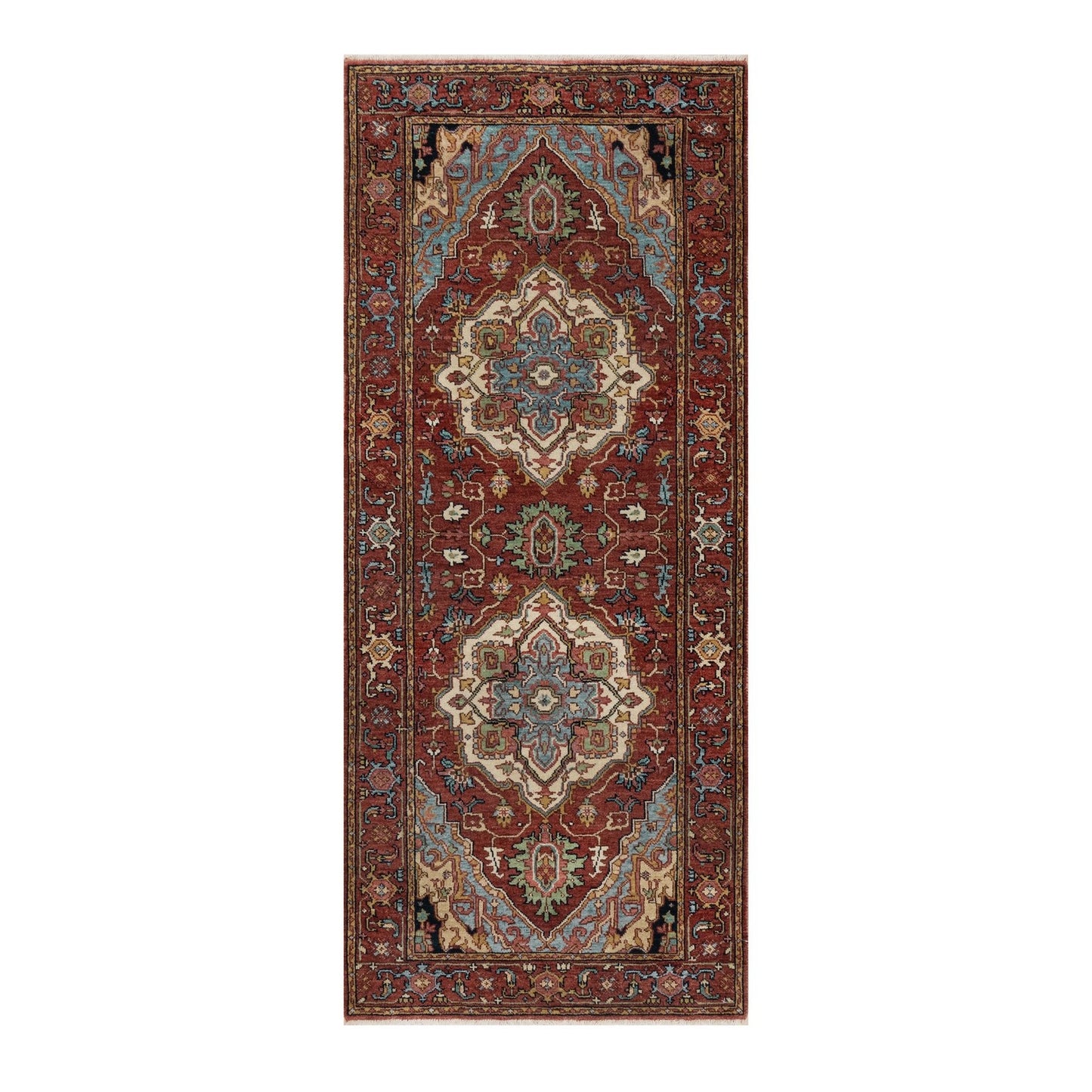 2'8"X6'2" Red Antiqued Heris Re-Creation Hand Knotted All Wool Runner Rug