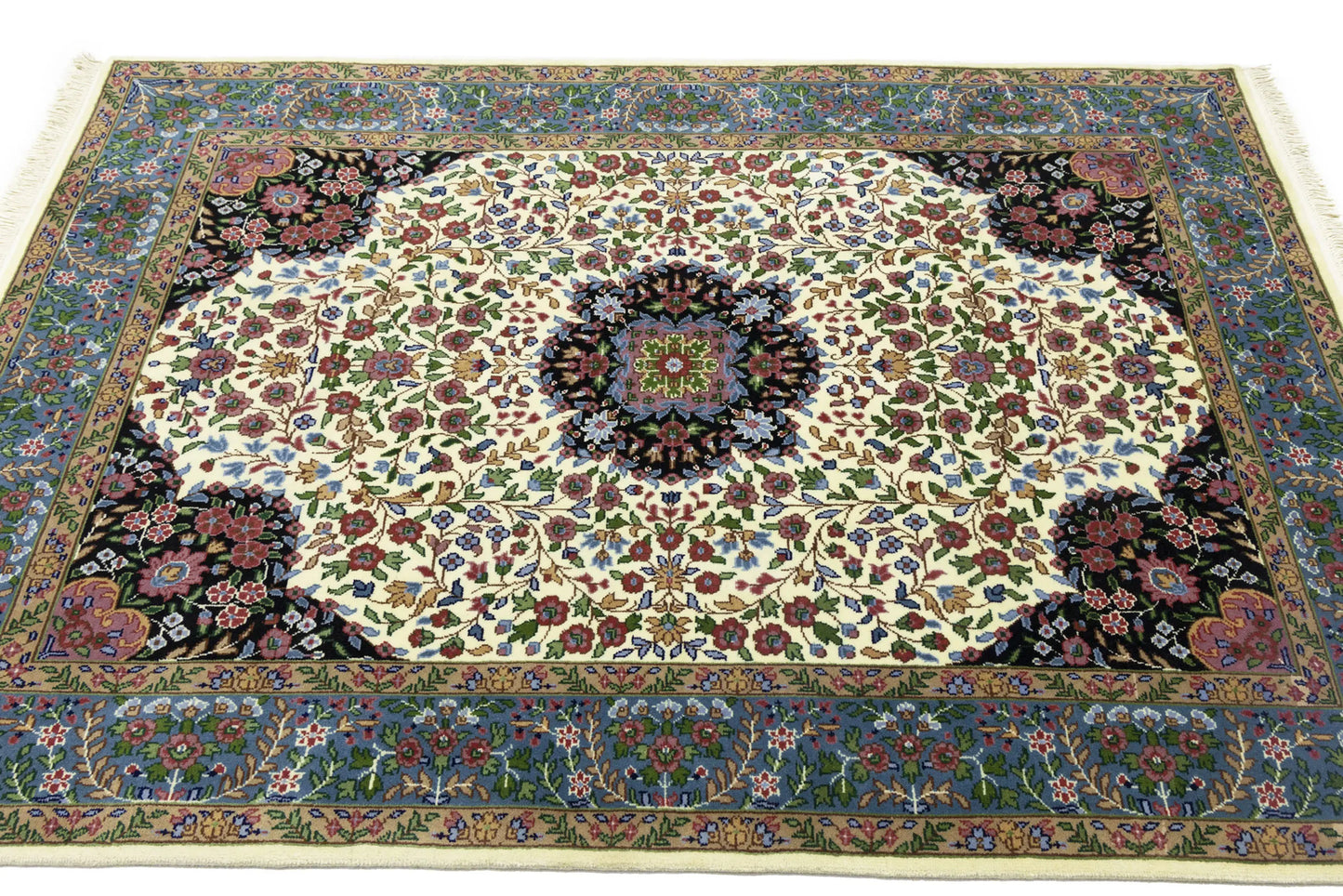 Handmade Kirman Oriental Rug Cream & Blue Floral