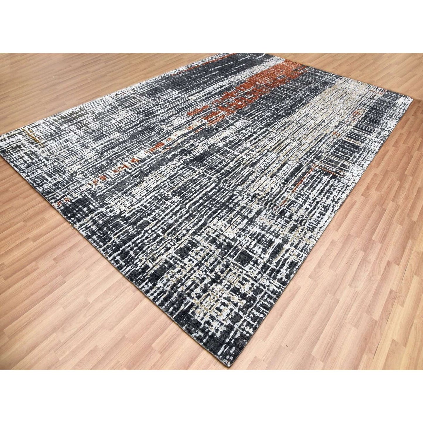 9'X12'4" Jet Black Organic Wool Hand Knotted Abstract Design Rug