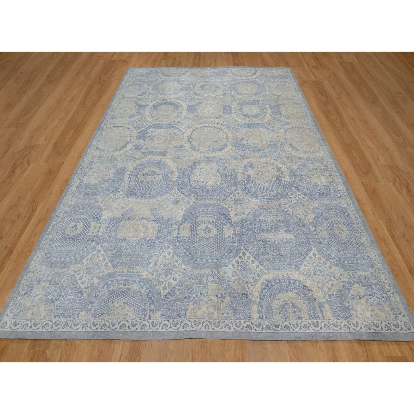 9'X11'9" Ivory-Blue Pure Natural Linen Mamluk Design Hand Knotted Rug