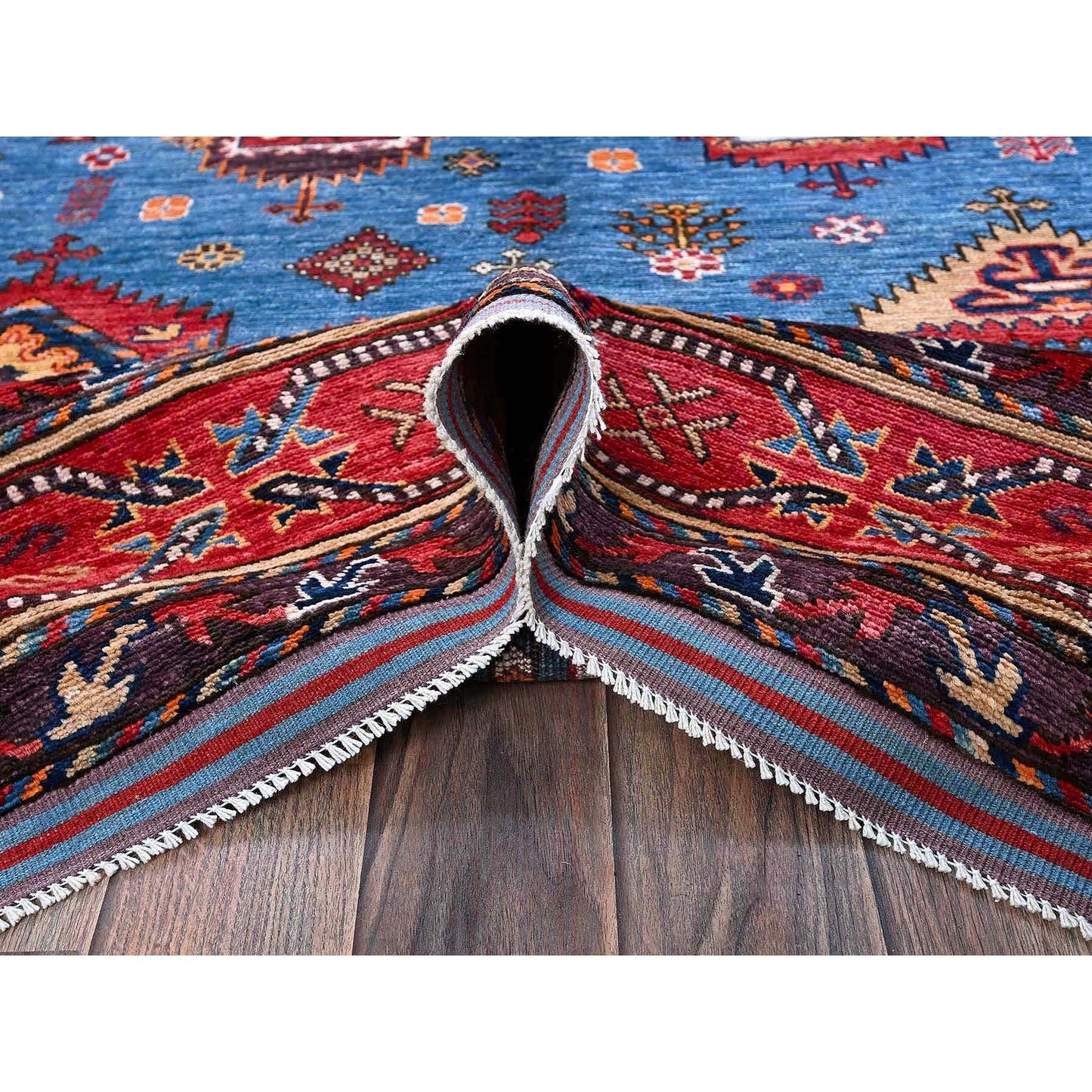 6'3"X9'1" Blue Afghan Caucasian Design Revival Hand Knotted Soft Wool Rug