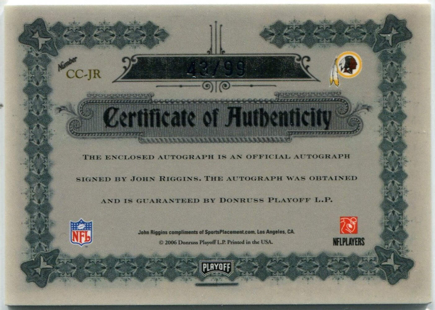 John Riggins 2006 Donruss Playoff Canton Classics Autographed Card #CC-JR 43/99