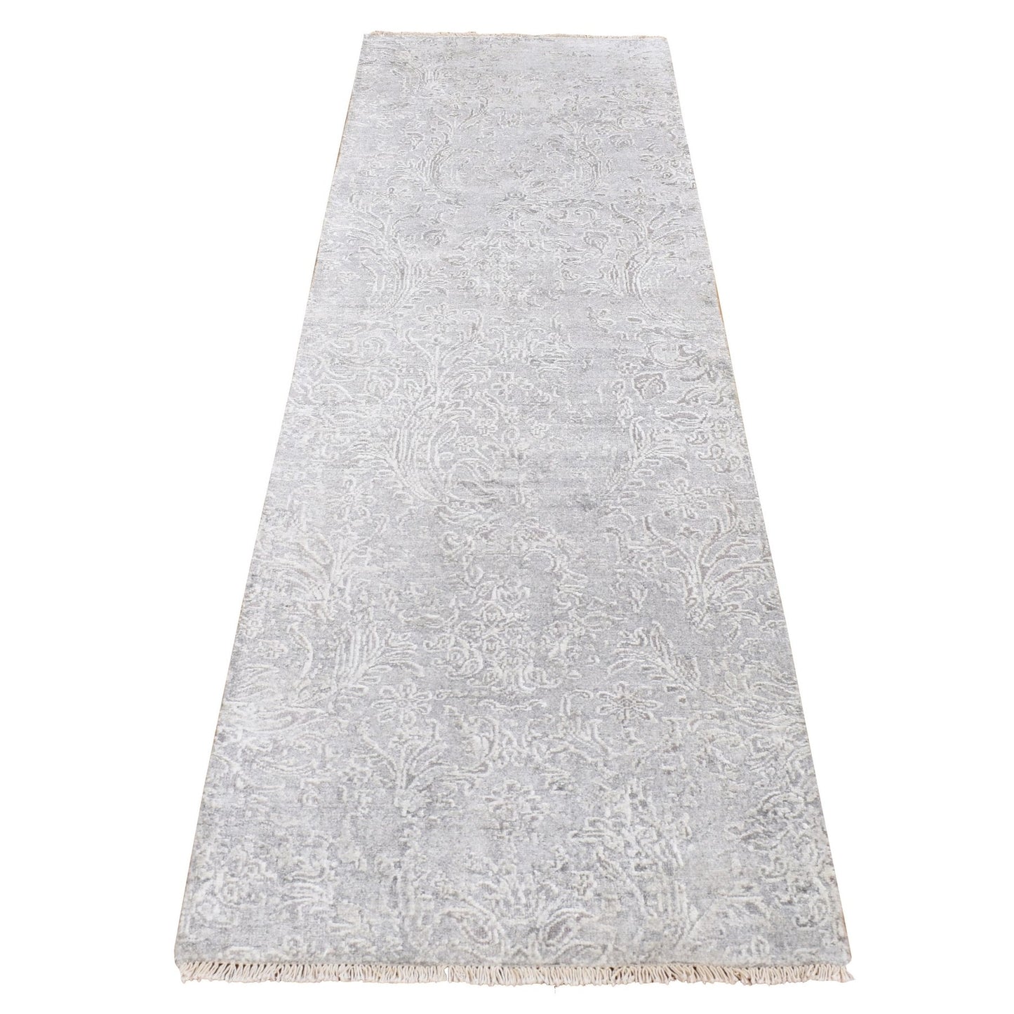 2'5"X7'9" Gray Hand Knotted Tone On Tone Design Wool And Silk Runner Rug