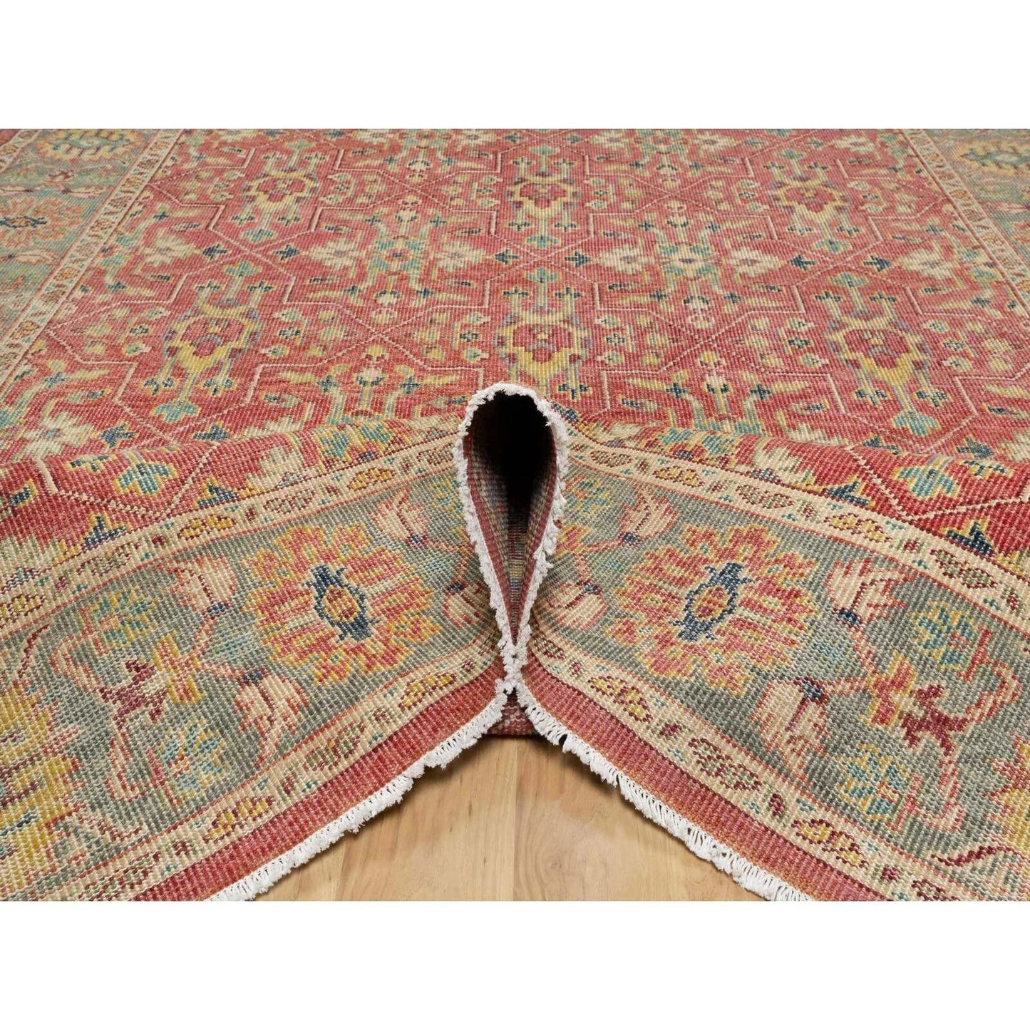 10'X13'9" Red Hand Knotted Antiqued Oushak Design Wool Oriental Rug