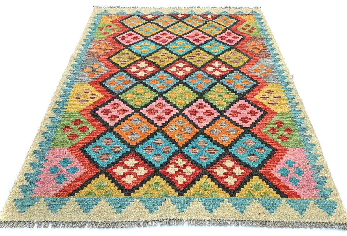 4X6 Ft Kilim Oriental Rug Multicolor Geometric