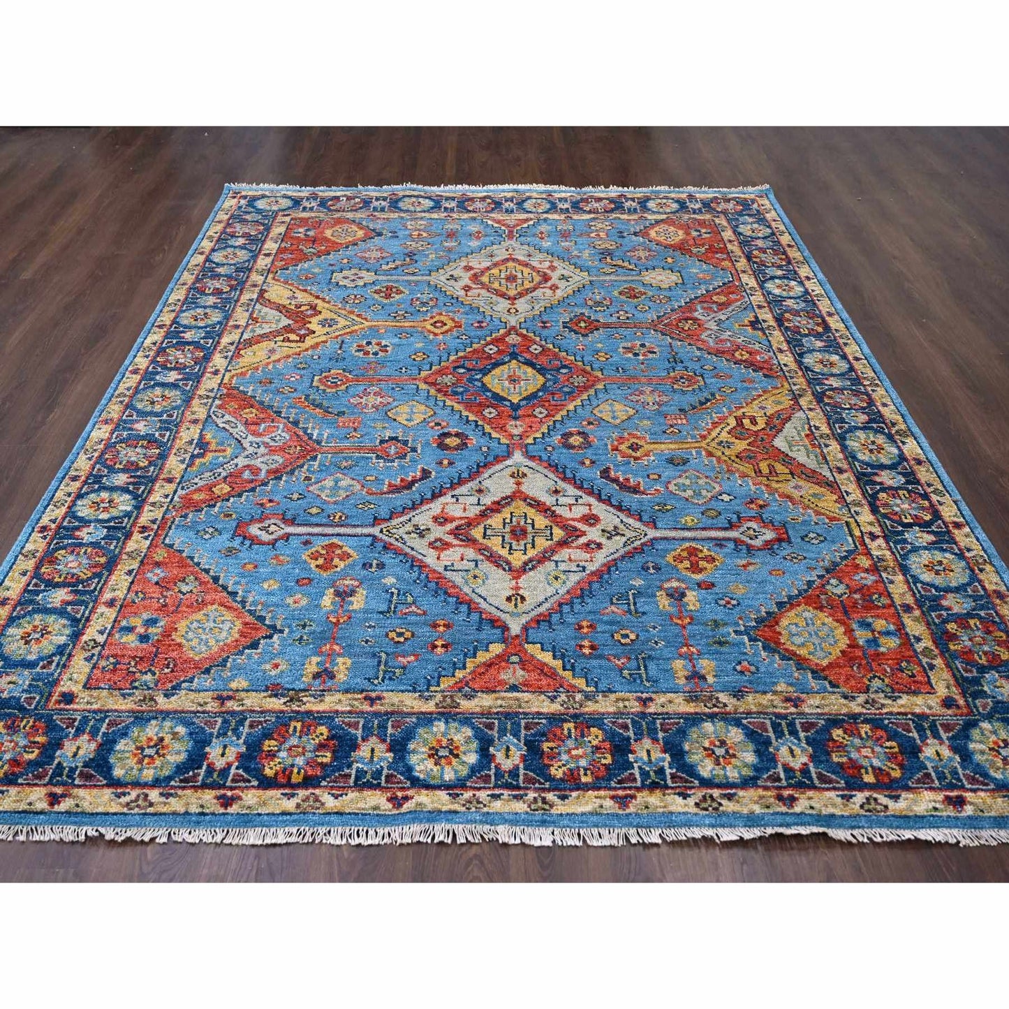 8'10"X11'10" Light Blue Hand Knotted Sheeraz Design Pure Wool Rug
