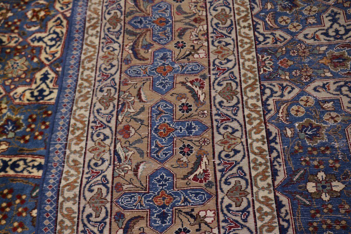Vintage Blue Wool Oriental Rug Allover Floral