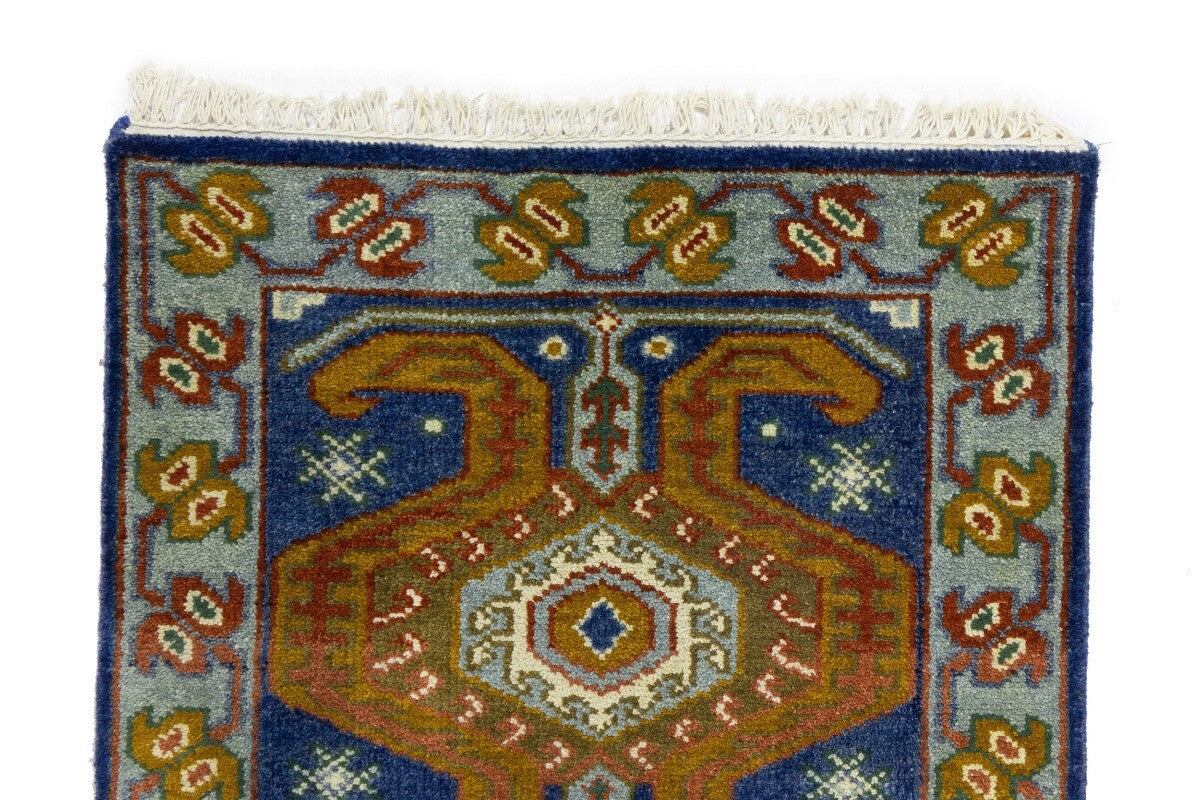 Navy Blue Geometric Tribal Kazak Rug Wool