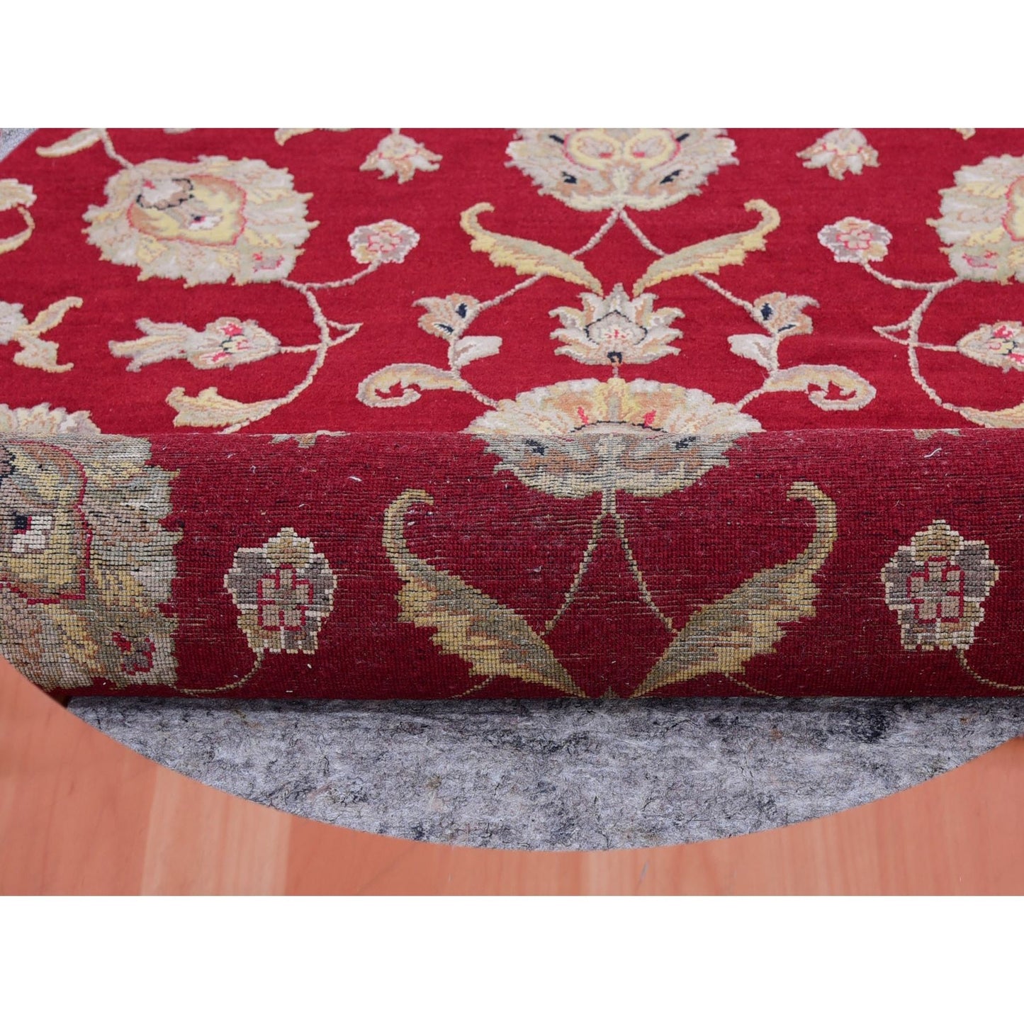 8'X8' Red Rajasthan Leaf Design Wool Silk Pile Hand Knotted Round Rug