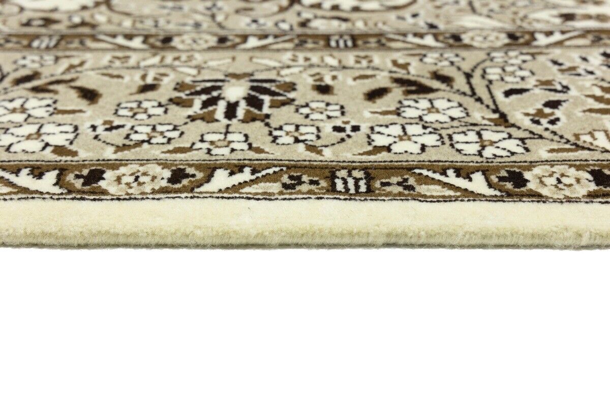 Hand-Knotted Kirman Square Rug Cream Floral Wool