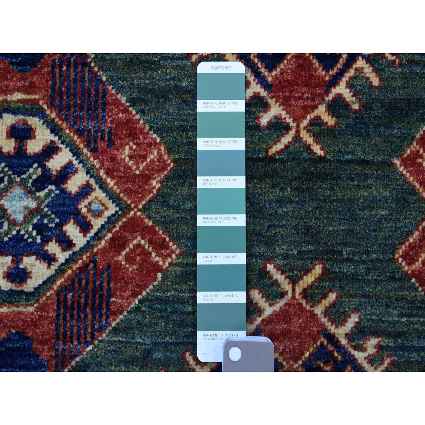 4'10"X12'9" Teal Afghan Ersari Geometric Design Hand Knotted Wool Rug