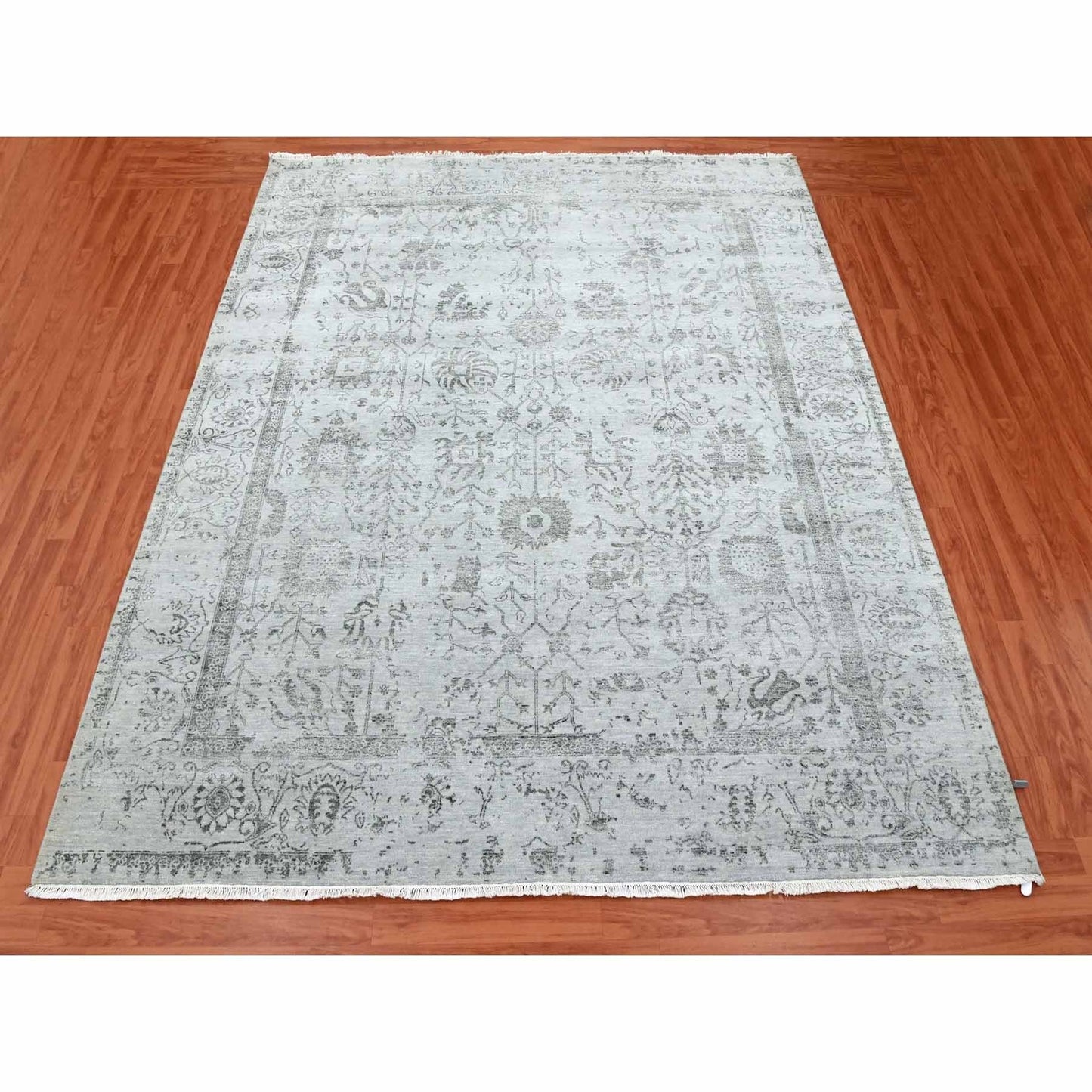 8'X9'10" Gray Wool And Silk Hand Knotted Zoroastrian Tebraz Design Rug