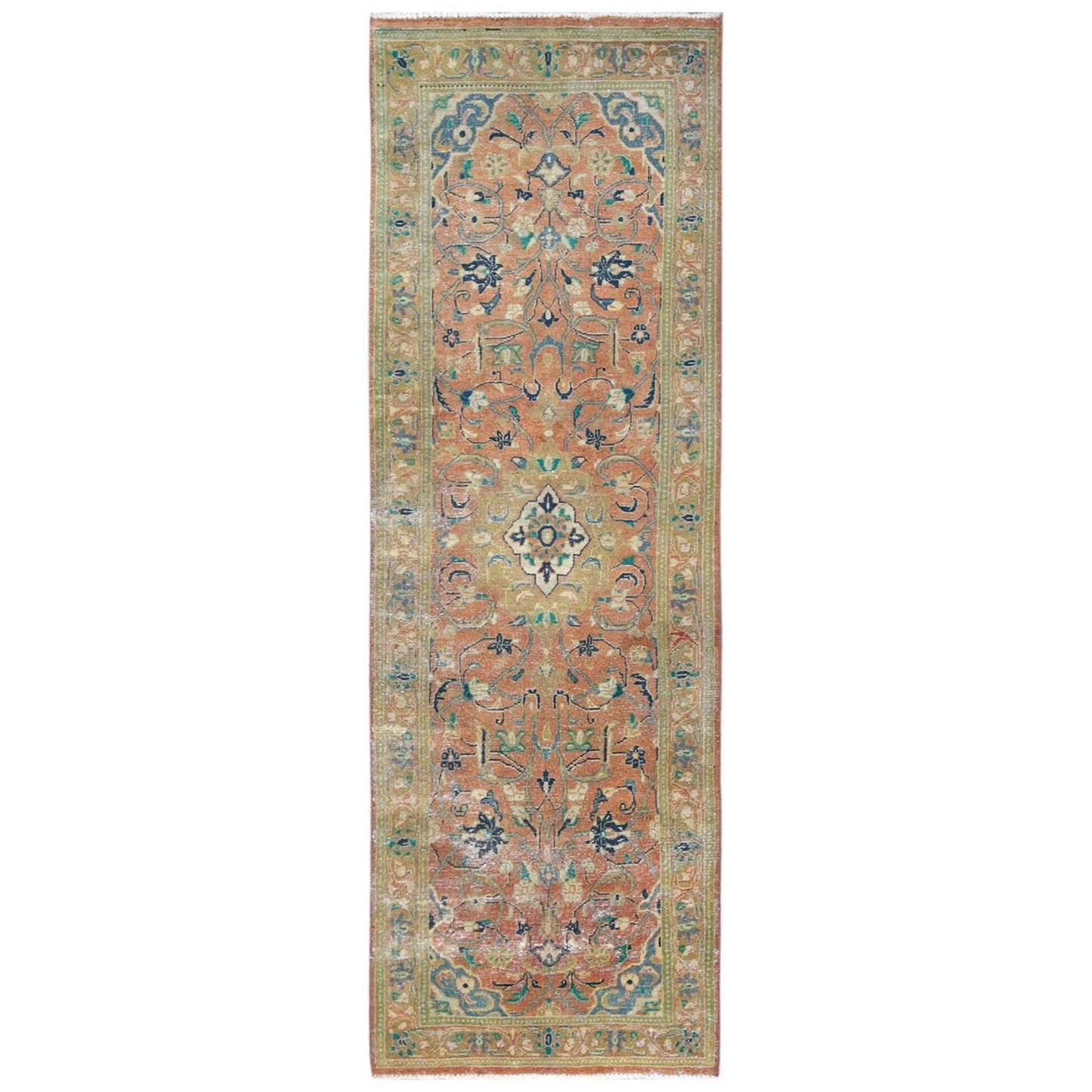 3'5"X10'5" Red Hand Knotted Vintage Farsian Kishoon Worn Wool Runner Rug