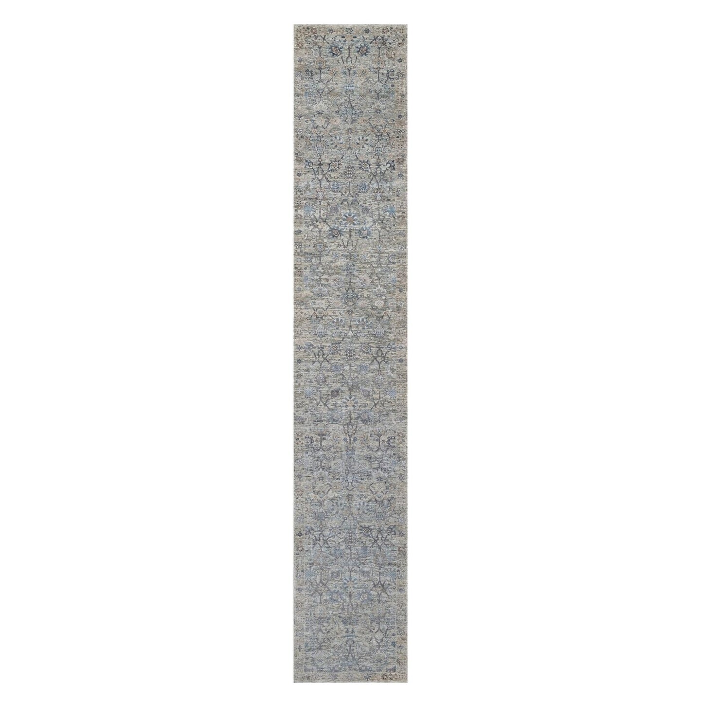 2'7'X15'9" White Hand Knotted Sickle Leaf Design Silk & Wool Runner Rug