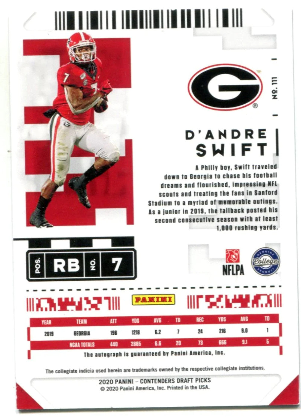 D'Andre Swift 2020 Panini Contenders College Ticket Auto Red Cracked Ice #1 Card