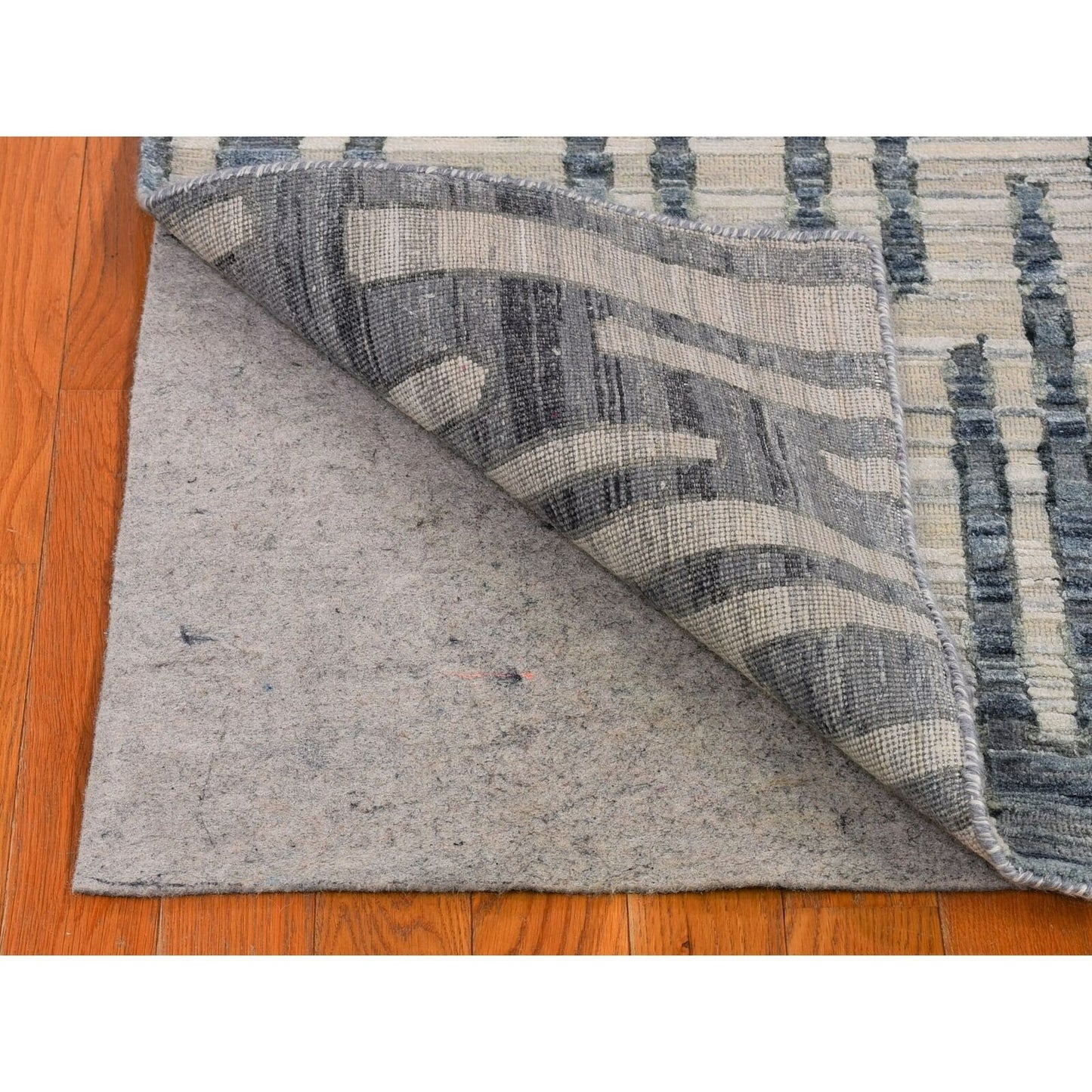 2'6"X8'3" Blue Pure Silk And Textured Wool Wide Runner Hand Knotted Rug