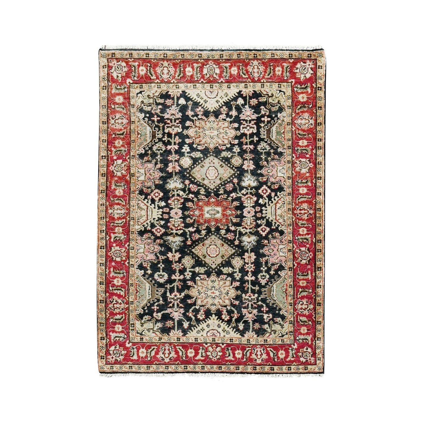 4'2"X6' Black And Red Karajeh Design Pure Wool Hand Knotted Oriental Rug