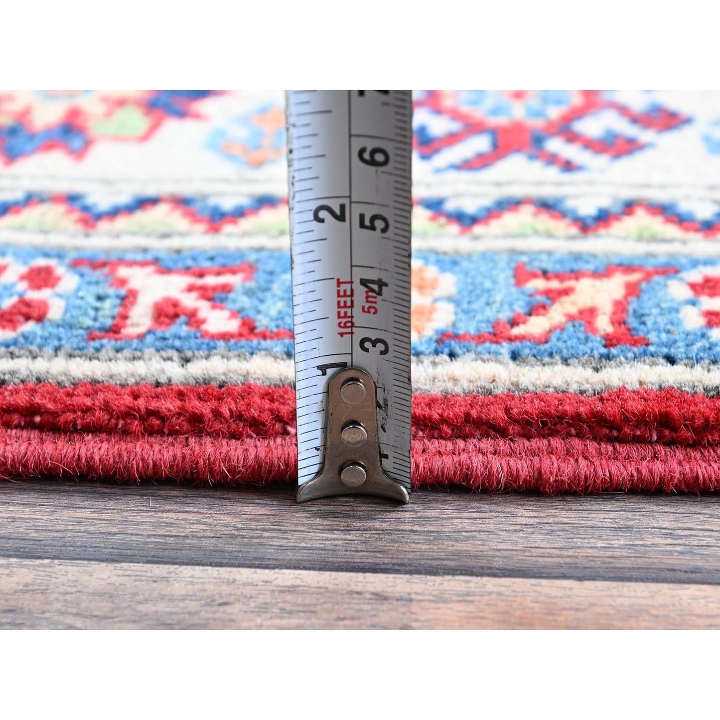 4'X5'8" Arsenal Red Kazak With Geometric Design Hand Knotted Soft Wool Rug
