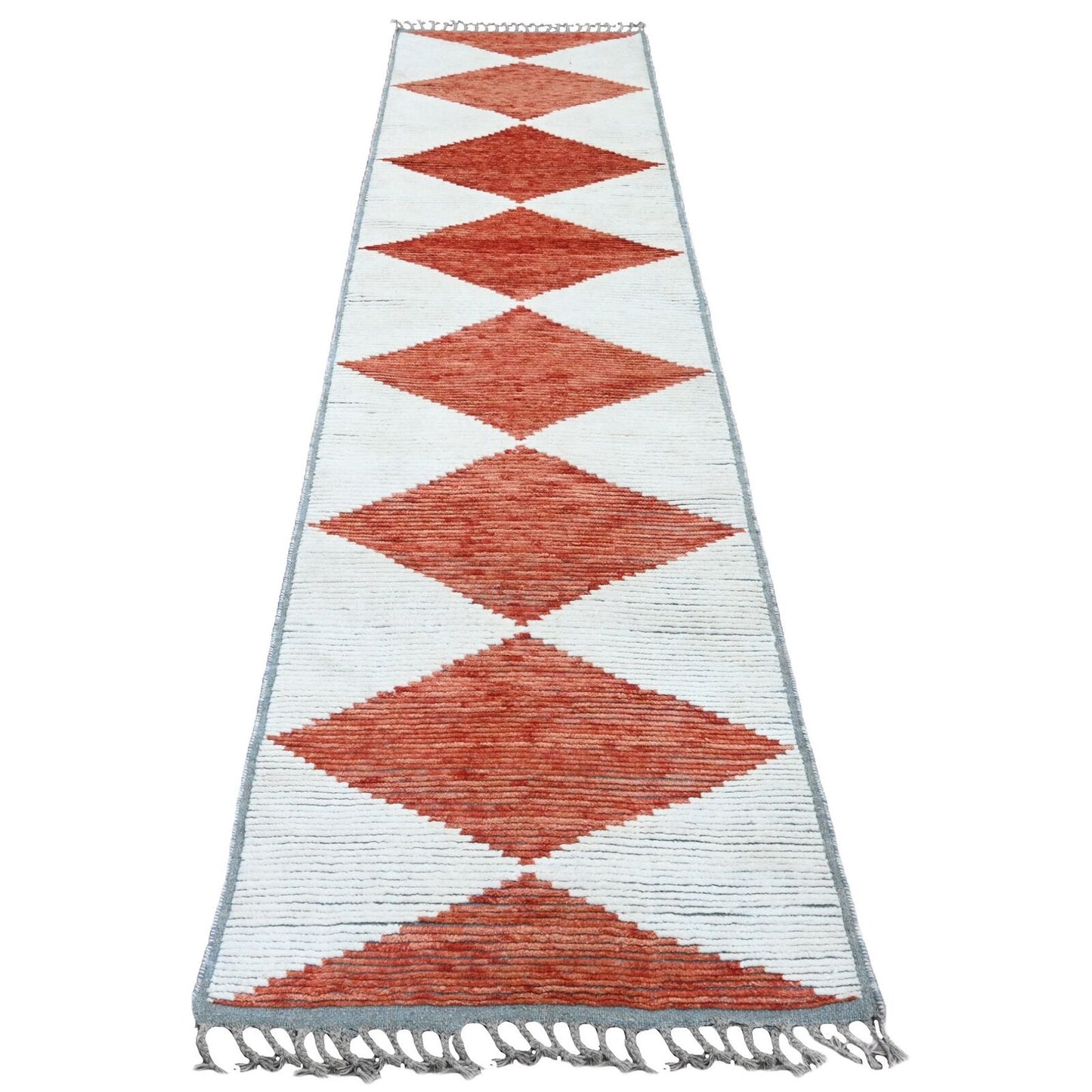 2'8"X10'1" Red Geometric Moroccan Weave Hand Knotted Soft Wool Runner Rug