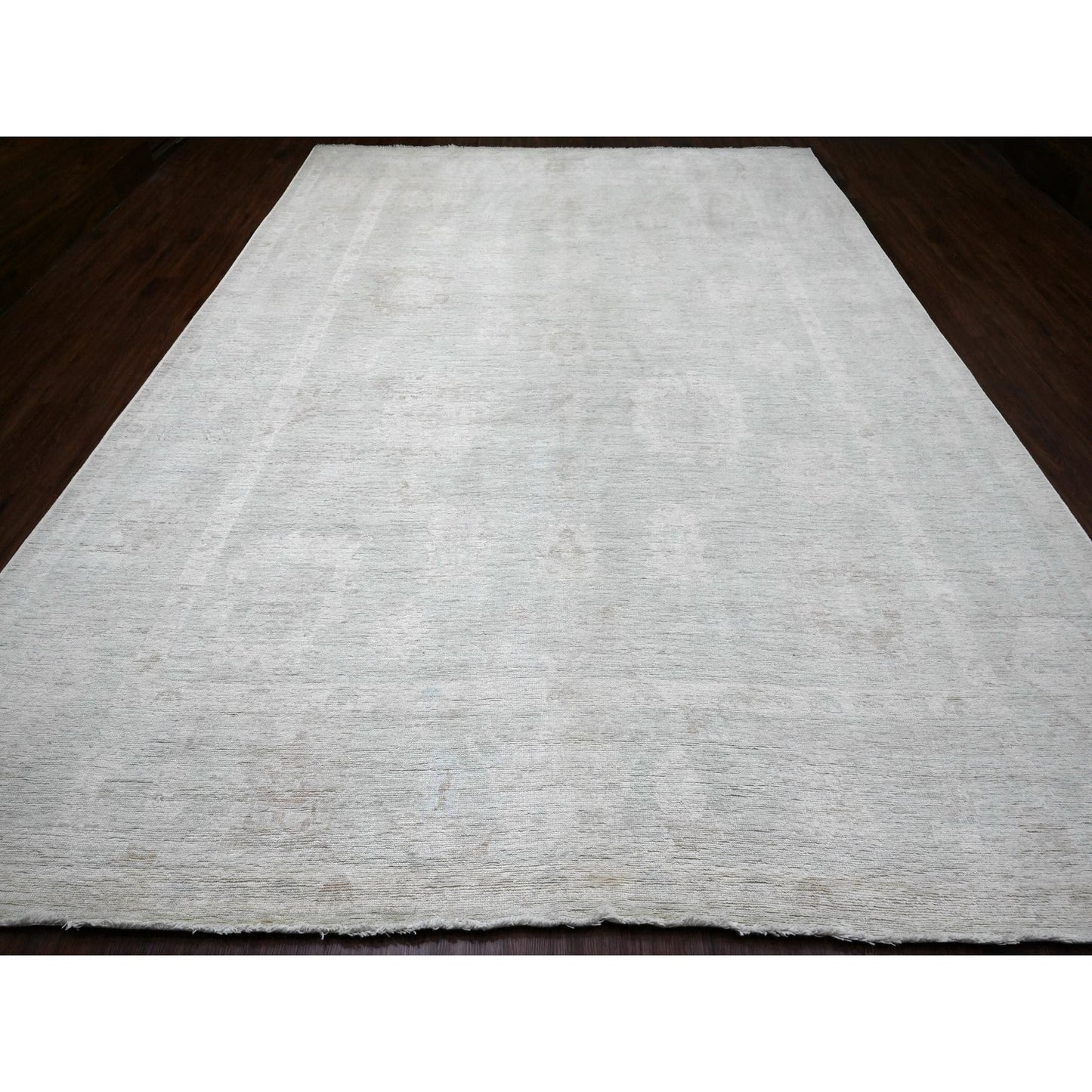 10'X13'8" Gray Afghan Angora Oushak Leaf Design Hand Knotted All Wool Rug