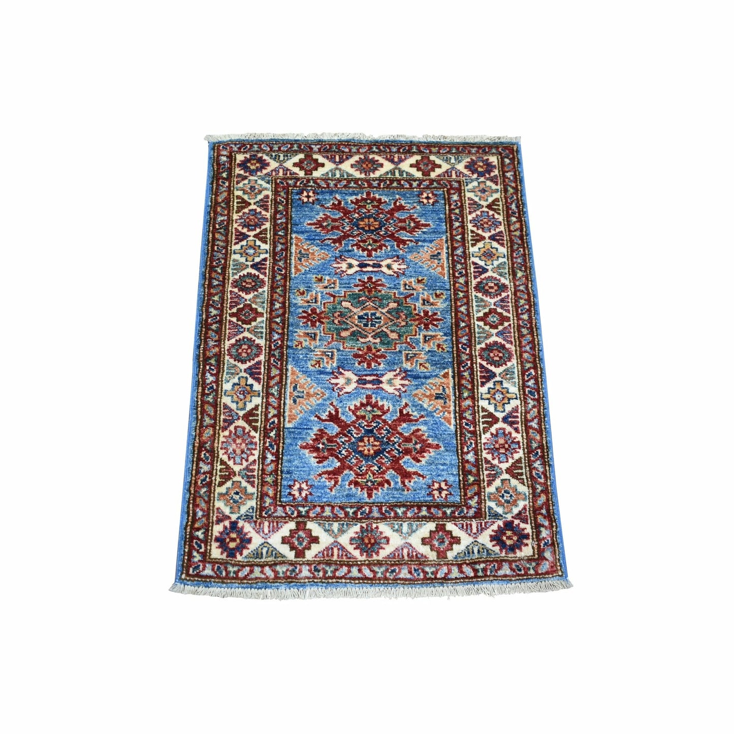 2'1"X2'10" Blue Pure Wool Hand Knotted Caucasian Super Kazak Mat Rug