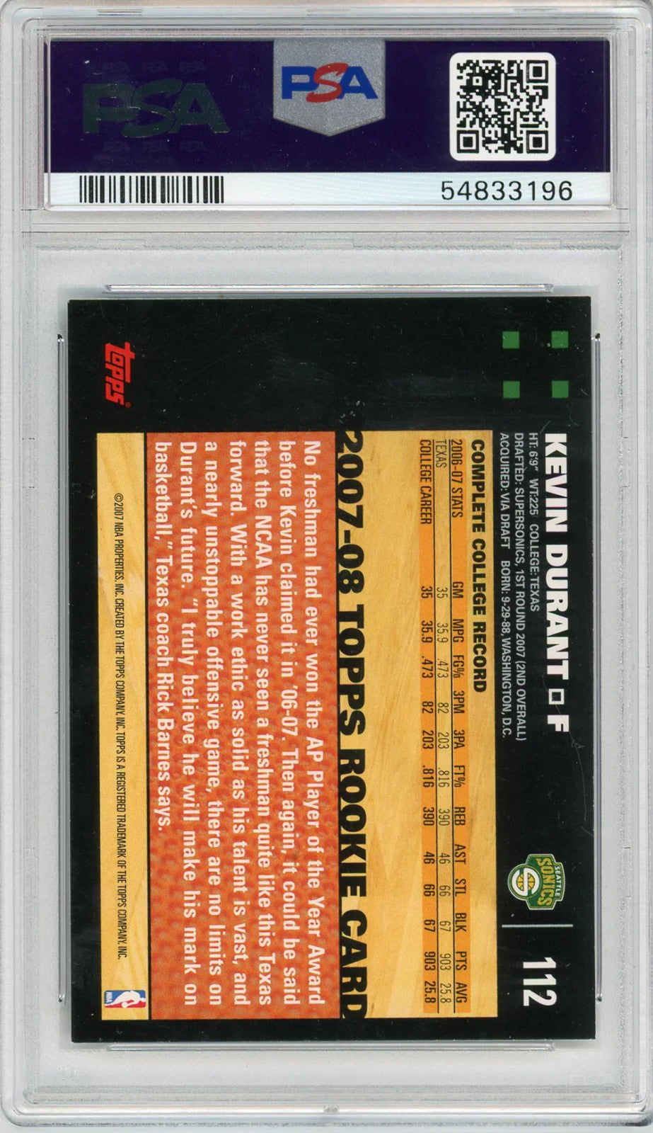 Kevin Durant 2007-08 Topps Black Border #112 Psa Nm-Mt 8 Rc