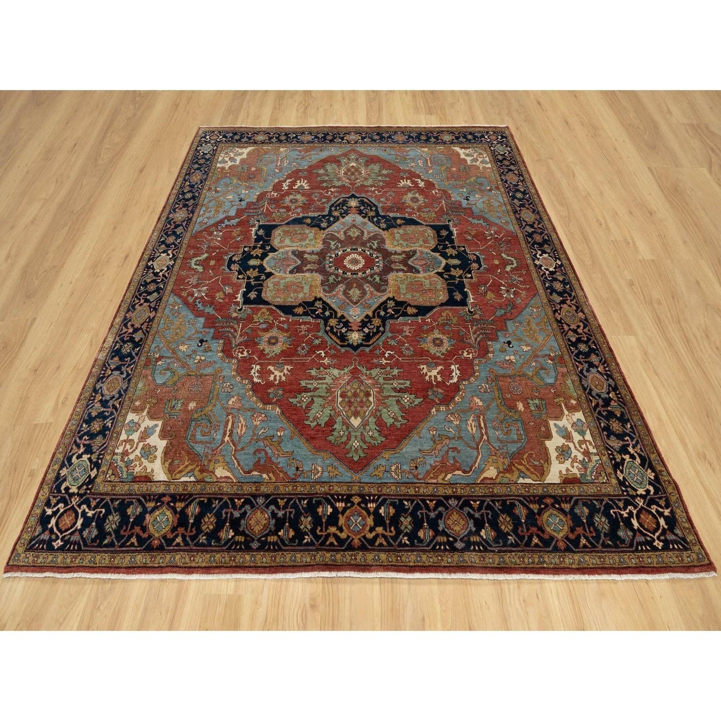 8'1"X8'1" Red Antiqued Fine Heris Recreation Wool Hand Knotted Square Rug