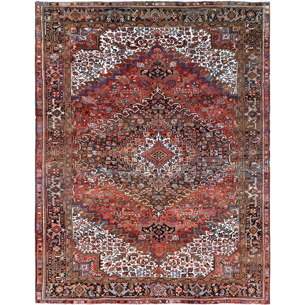 9'8"X12'4" Red Vintage Zoroastrian Heris Even Wear Wool Hand Knotted Rug