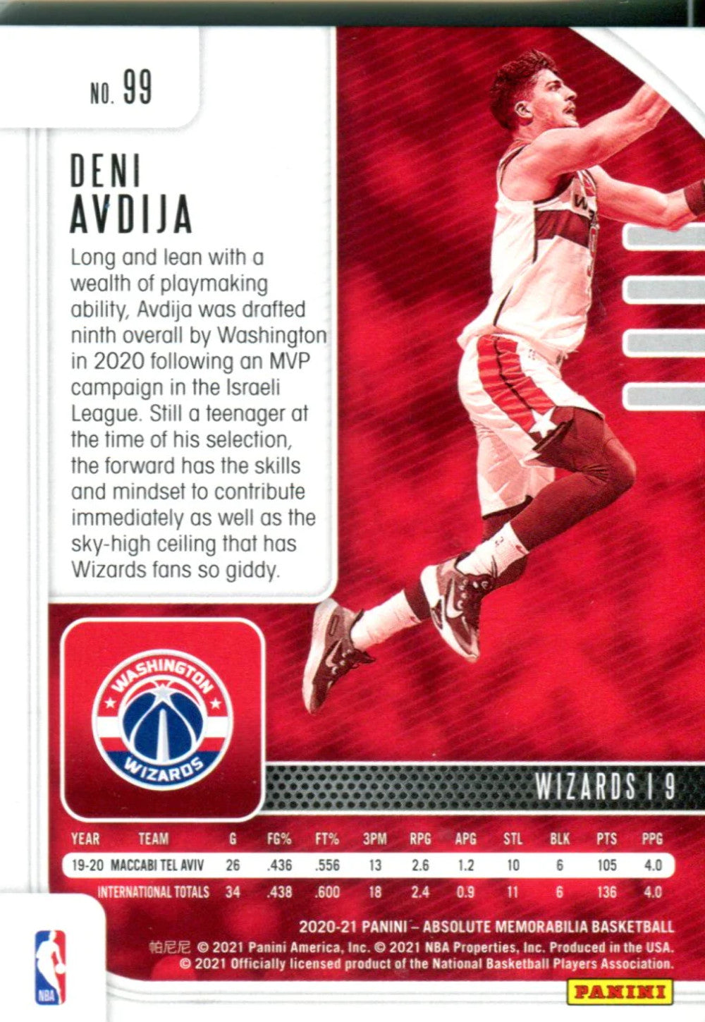 Deni Avdija 2020 Panini Absolute Red Rookie Card 136/199 #99