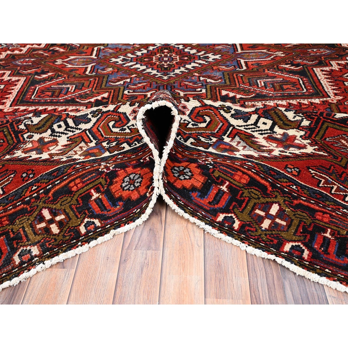 7'10"X11' Rich Red Hand Knotted Vintage Zoroastrian Heris Pure Wool Rug