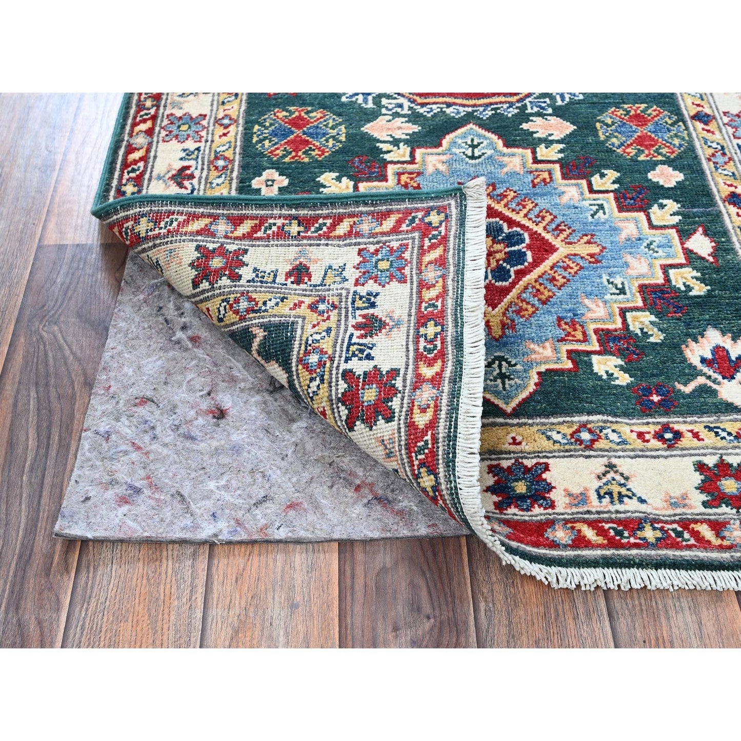 2'6"X9'9" Green Kazak With Medallions Design Wool Hand Knotted Runner Rug