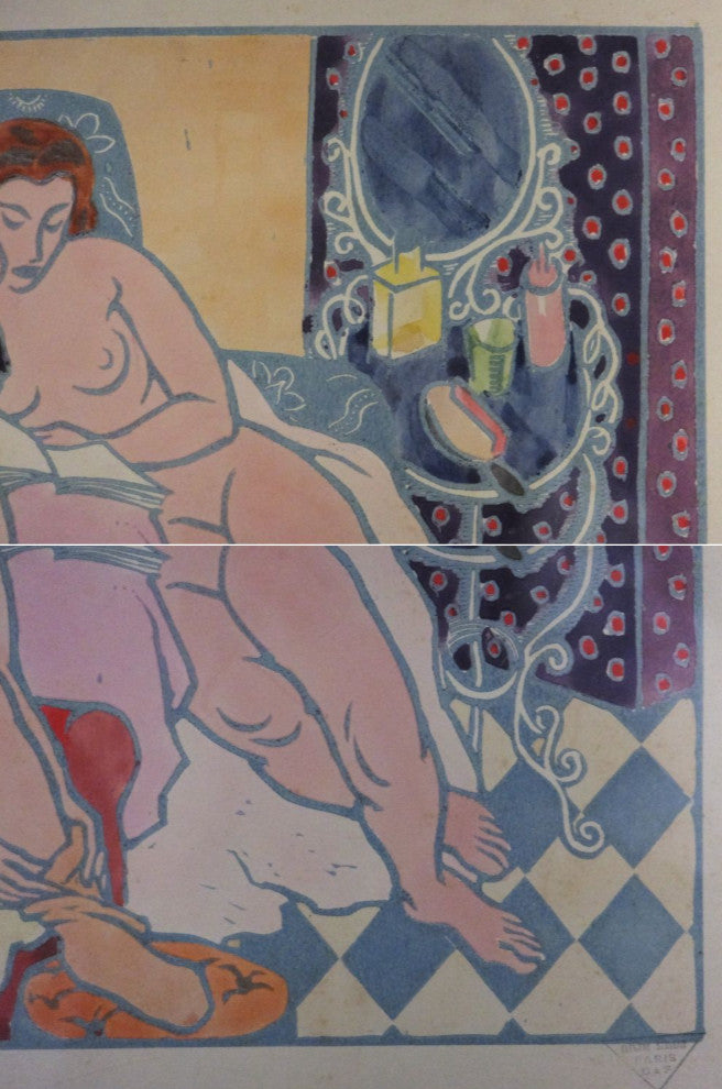 Clment Serveau 1945 Signed Color Woodcut "Moment Of Rest" Nude W/ Stamp Paris