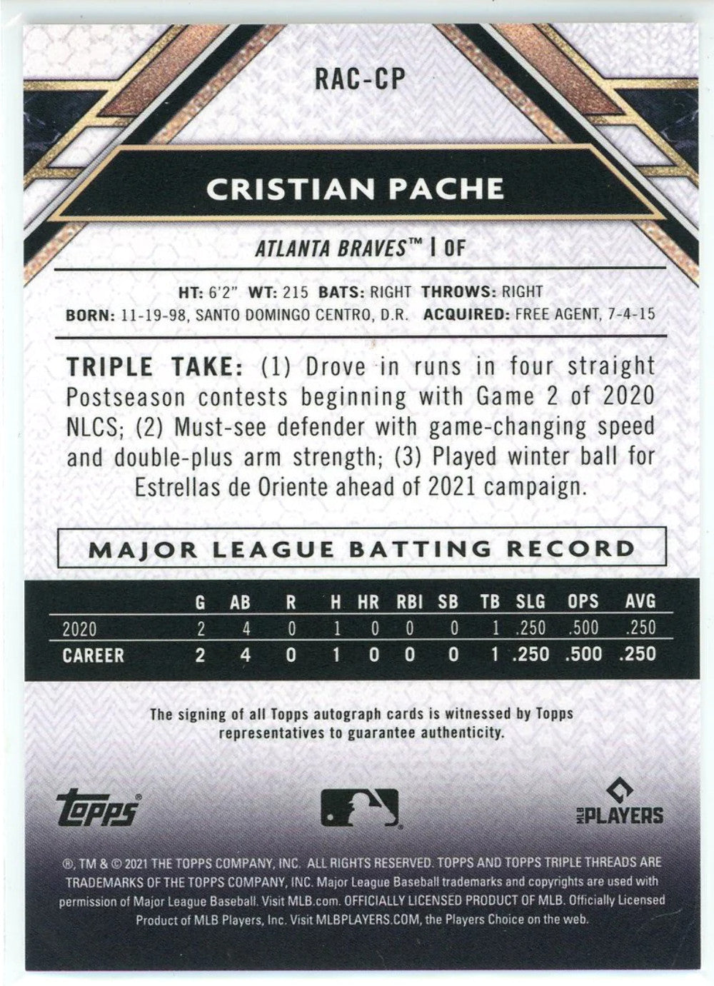 Christian Pache Autographed 2021 Topps Triple Threads Rookie Card #Rac-Cp