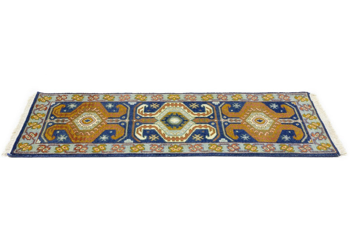 Navy Blue Geometric Tribal Kazak Rug Wool