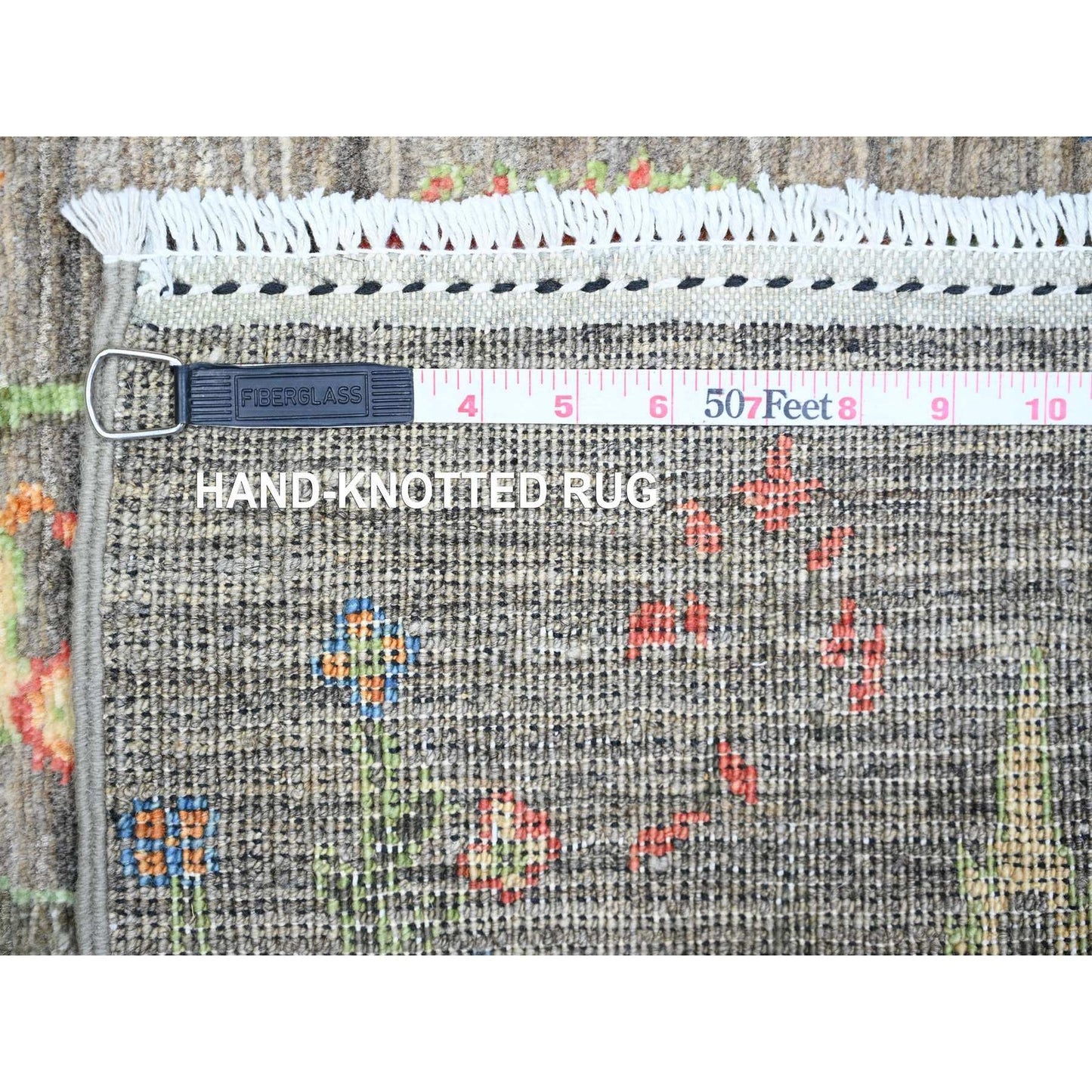 2'5"X11'2" Gray Wool Hand Knotted Folk Art Willow Cypress Tree Runner Rug