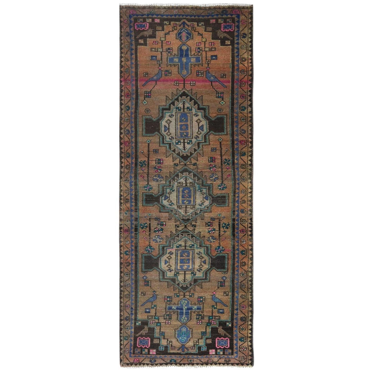 3'4"X9'3" Brown Hand Knotted Vintage Farsian Worn Wool Wide Runner Rug