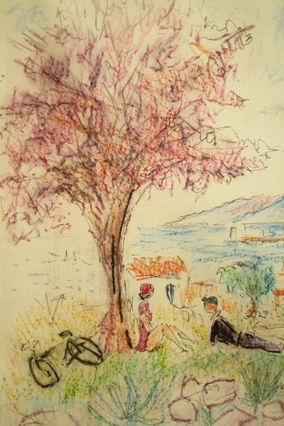 Jean Claude Picot Pastel Watercolor Ink On Paper 1988 Signed Landscape With Tree