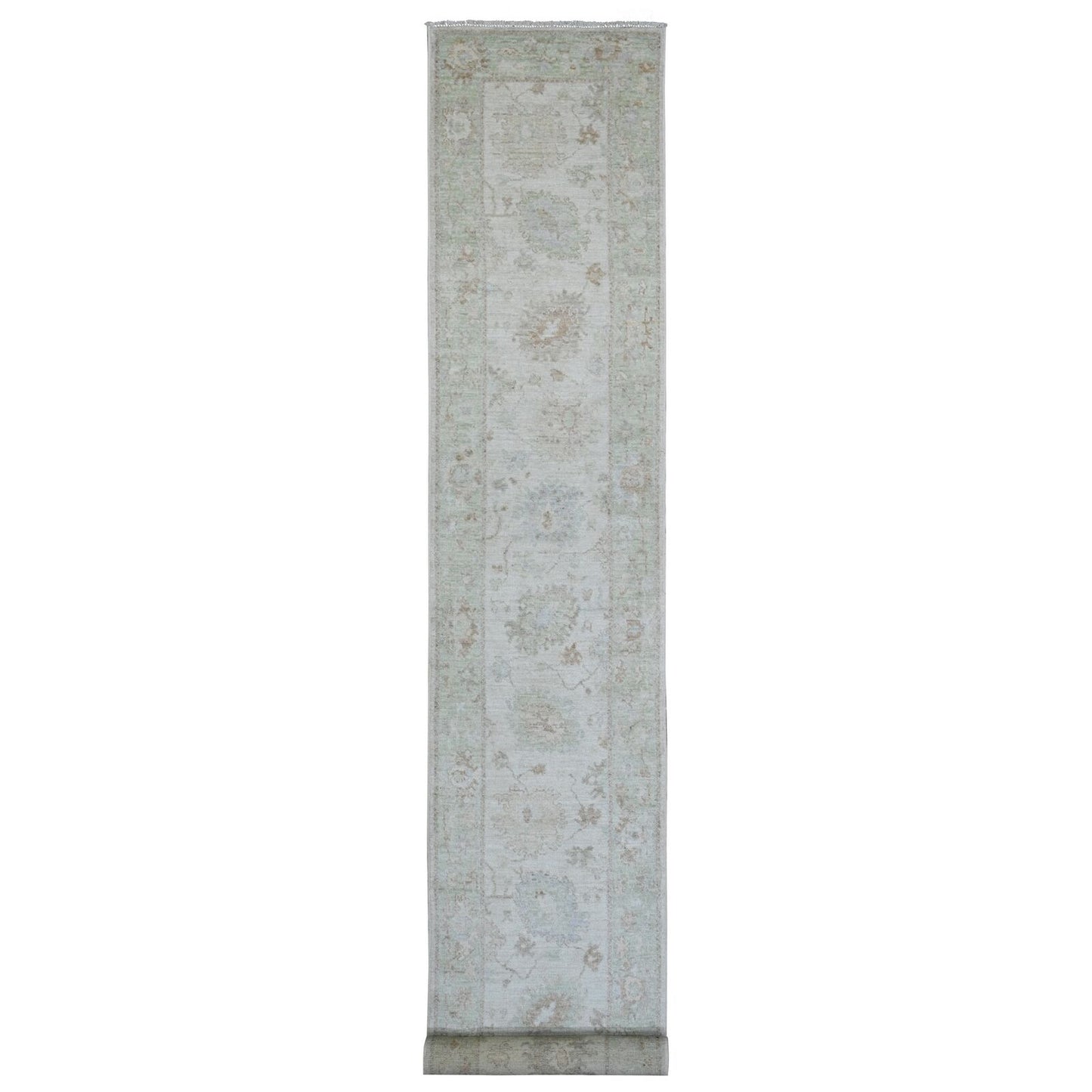 2'10"X19' White Angora Oushak Leaf Design Wool Hand Knotted Runner Rug