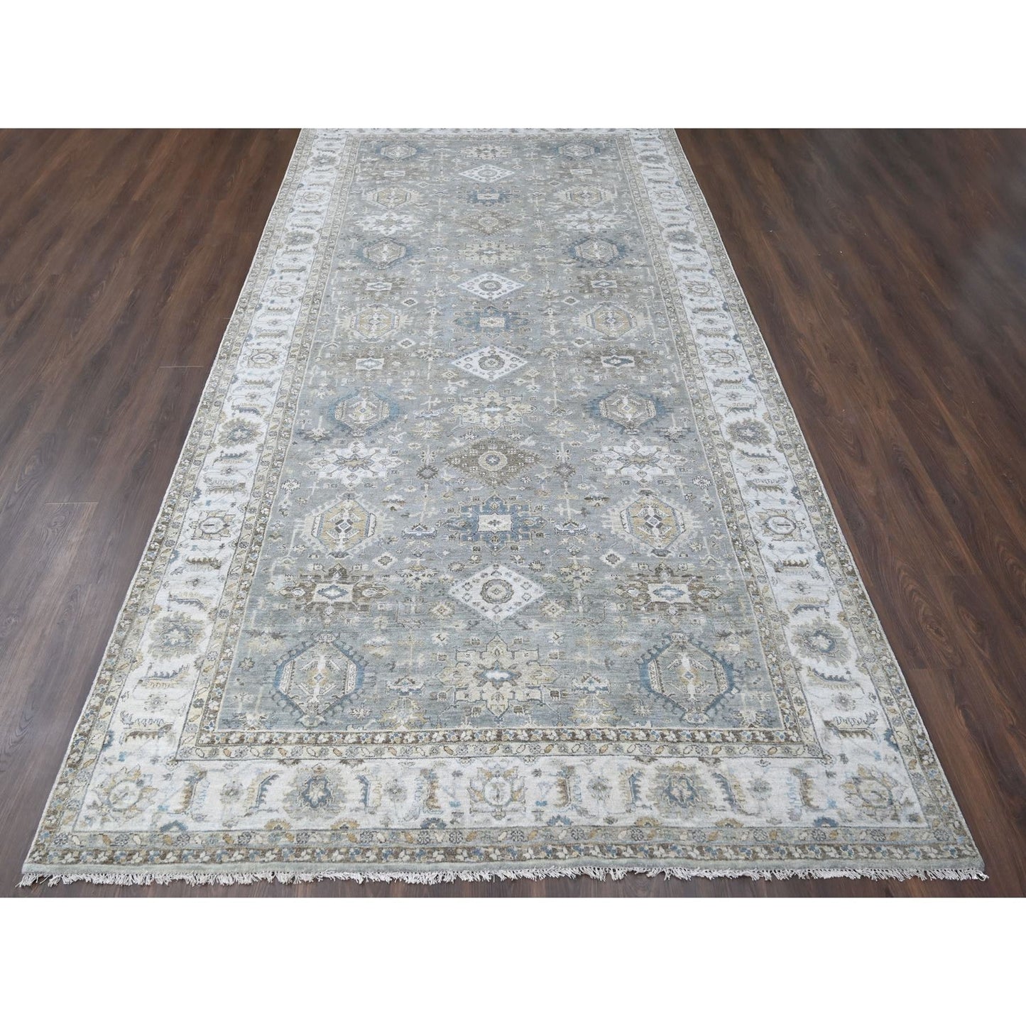 8'2"X16'3" Gray And Ivory Hand Knotted Karjihooz Design Wool Rug