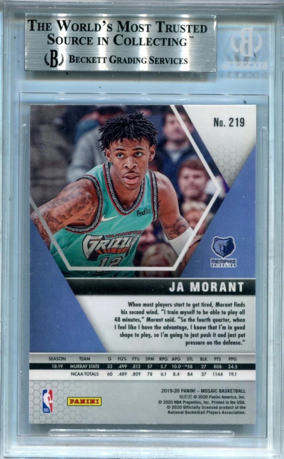 Ja Morant 2019-20 Panini Mosaic#219 (Bgs Mint 9 )